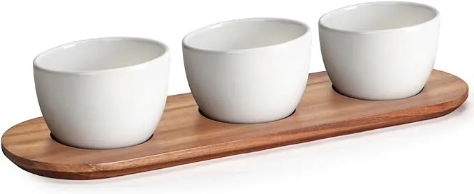 de chips y DIP Bandeja para servir de madera de acacia con 3 tazones redondos de cer&aacute;mica