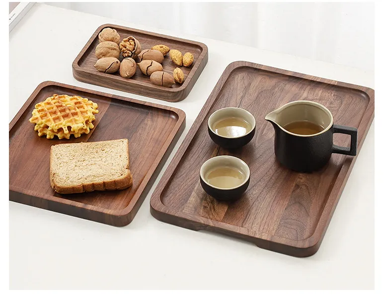 Bandeja rectangular de madera de nogal negro para servir/plato para caf&eacute;/t&eacute;/fruta/bocadillo 