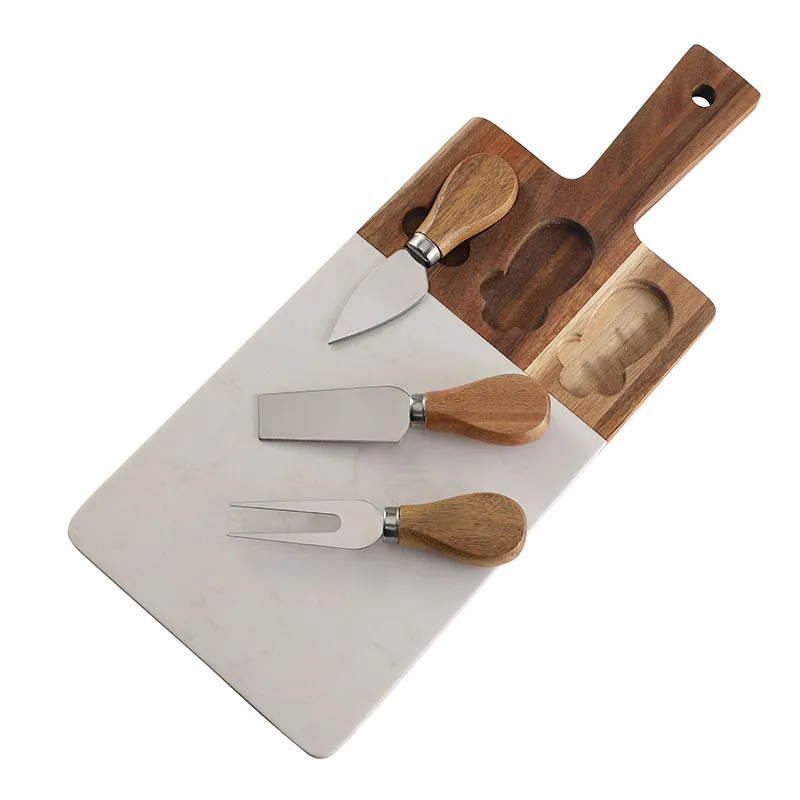 Tabla para cortar queso de madera y m&aacute;rmol con juego de 3 cuchillas
