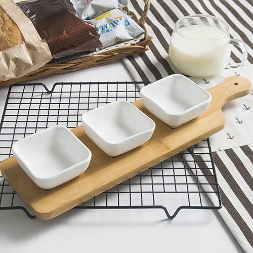 Platos de cer&aacute;mica creativos de 3 piezas con bandeja de bamb&uacute; para refrigerios/nueces/postres