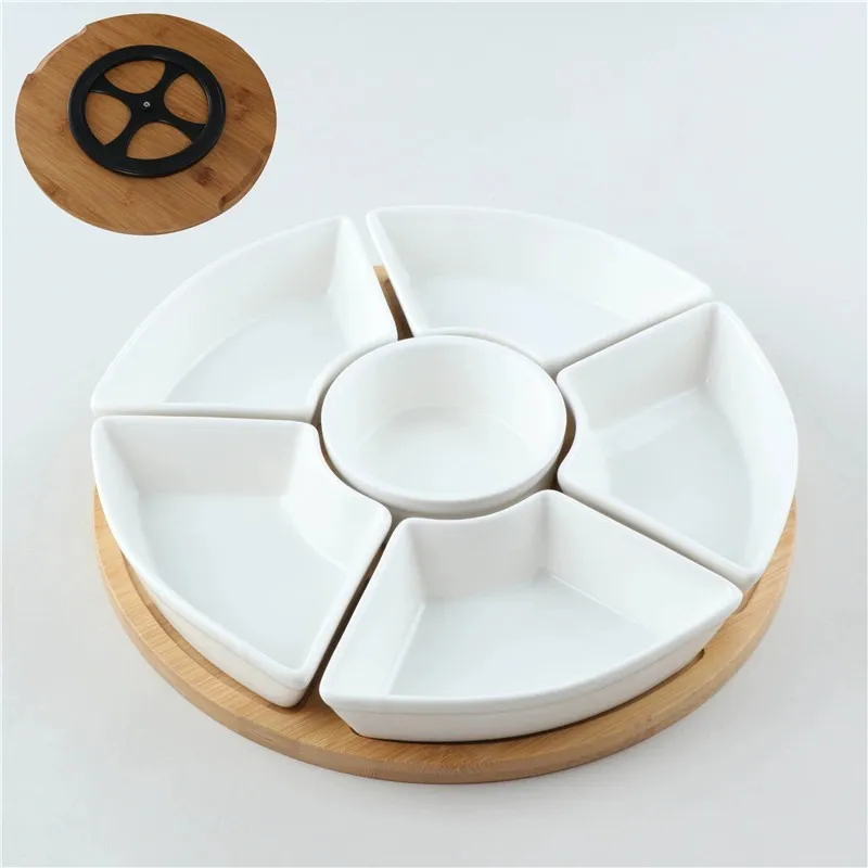 Susan de bamb&uacute; para restaurante, aperitivos de frutas. Plato giratorio de cer&aacute;mica dividido para servir, Lazy Susan de bamb&uacute; para restaurante, aperitivos de frutas. 