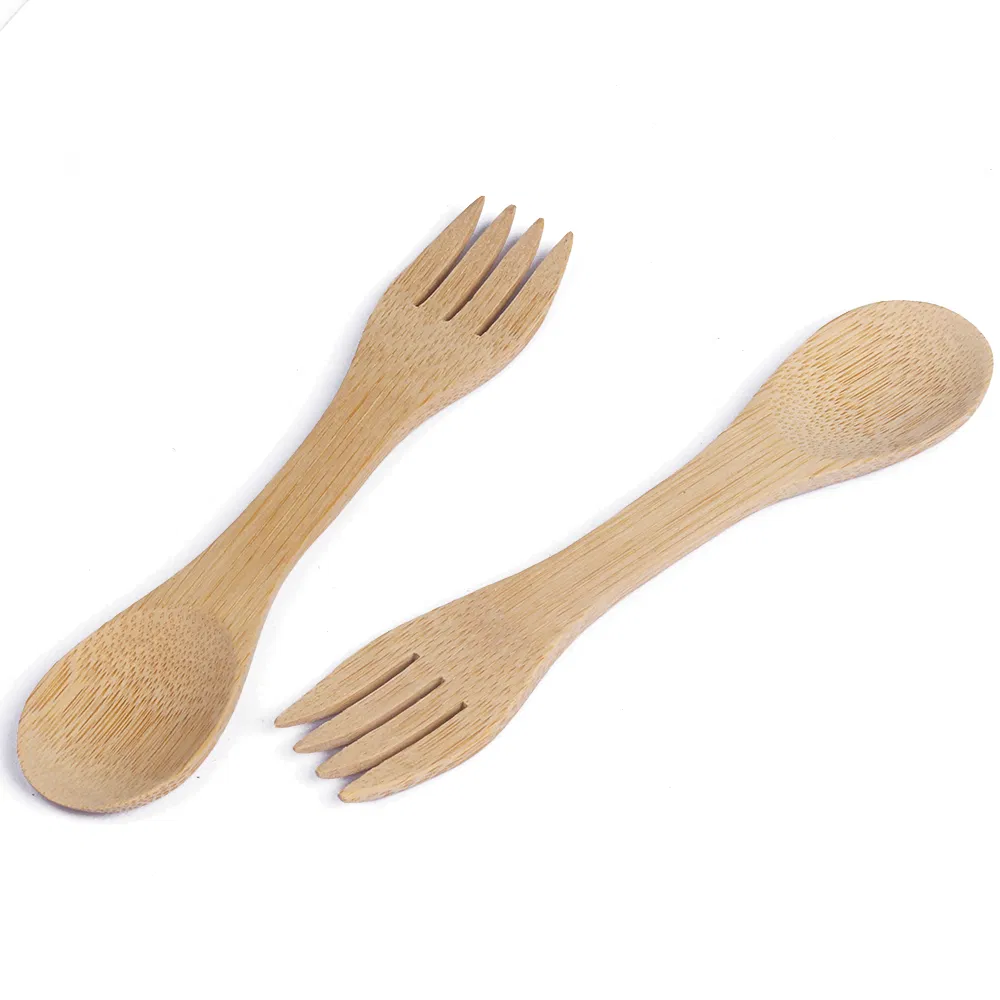 Suministro de juego de tenedor y cuchara de bambú reutilizables, tenedor y cuchara de bambú