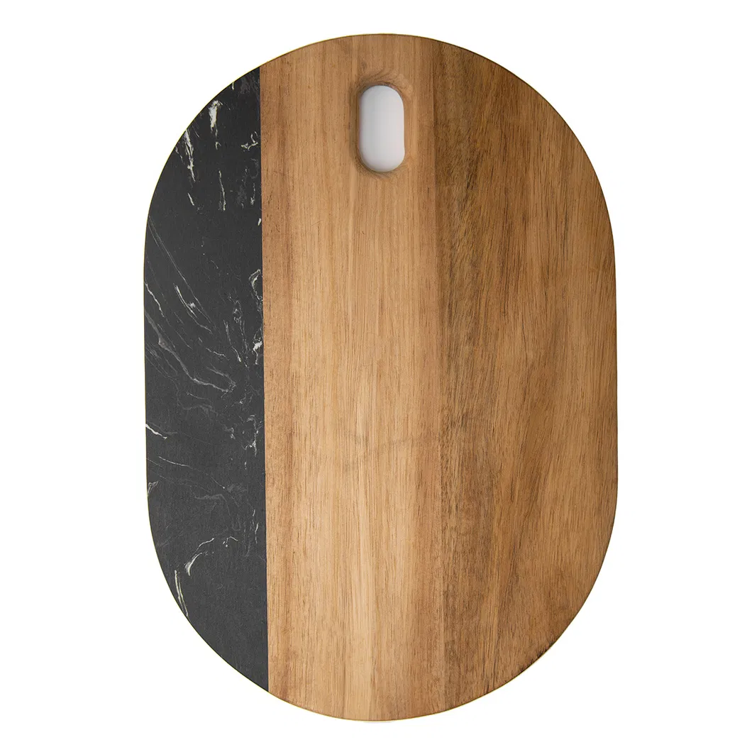 Tabla de cortar de madera de acacia y mármol negro con forma ovalada