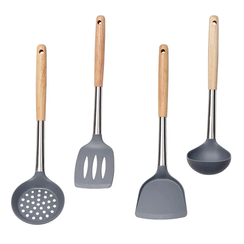 Utensilios de cocina de silicona resistentes al calor de calidad alimentaria para fre&iacute;r pala con mango de madera