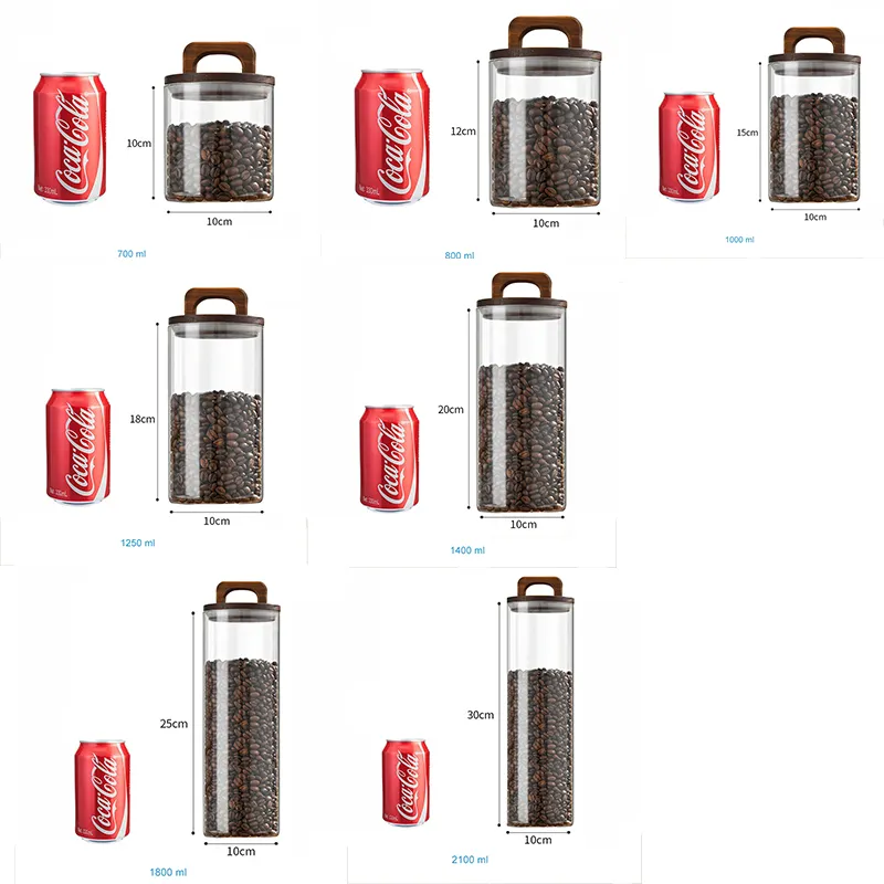 Recipientes funcionales de vidrio para alimentos, botellas de almacenamiento de granos de caf&eacute; con tapa de madera de acacia. 