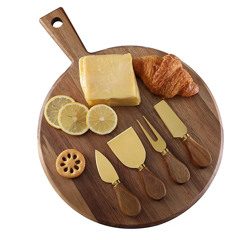 Tabla para servir grande de madera de acacia, juego de tablas para quesos con juego de cubiertos 