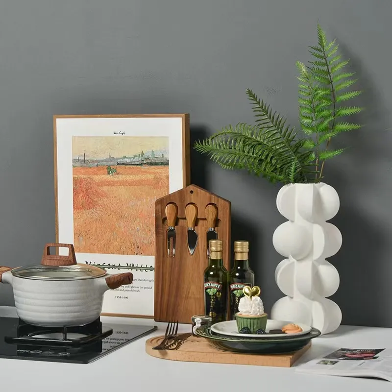 cuero Juego de tabla para quesos de madera de acacia hecha 