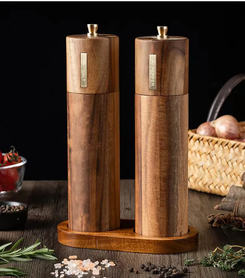 Juego de molinillo de pimienta manual de madera de acacia para moler especias y sal