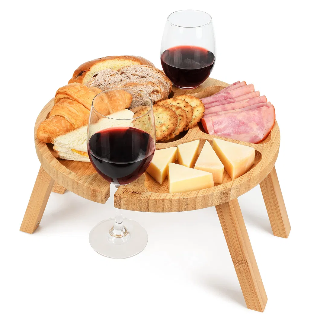 Mesa de camping redonda port&aacute;til y plegable de bamb&uacute;, bandeja para aperitivos para picnic, 