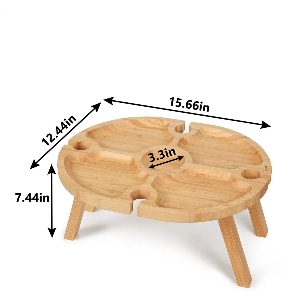 Mesa de picnic de bambú de forma ovalada para exteriores con soporte de vidrio para parque, playa, camping y cama