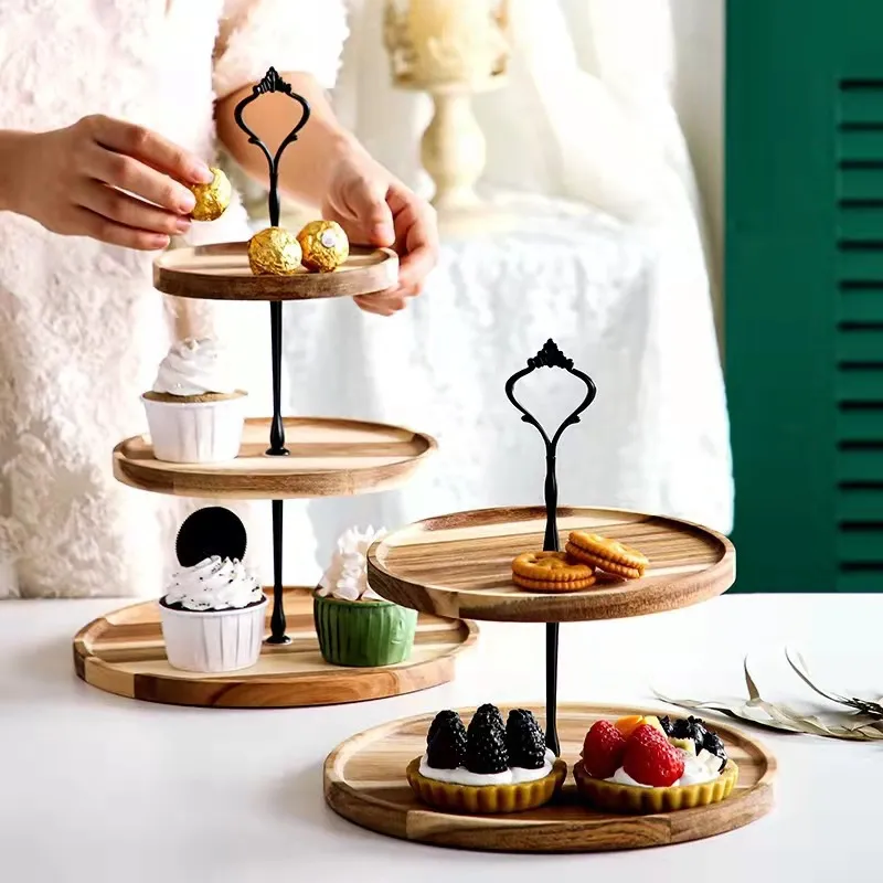 Soporte para pasteles extraíble de bambú de 3 niveles con base antideslizante para exhibición de pastelería profesional