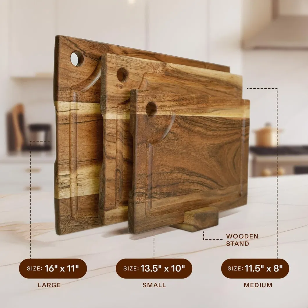 Juego de tablas de cortar orgánicas de acacia de 3 piezas con ranura para jugo