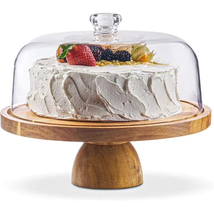 Soporte r&uacute;stico para pasteles de madera de acacia redondo de doble uso con c&uacute;pula de vidrio Soporte 