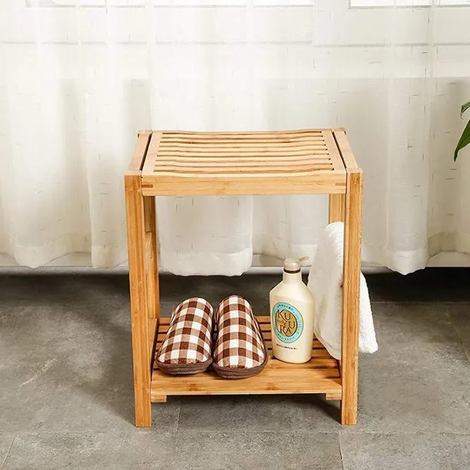 de bambú impermeable para almacenamiento de baño, taburete de baño, taburete para cambiar zapatos