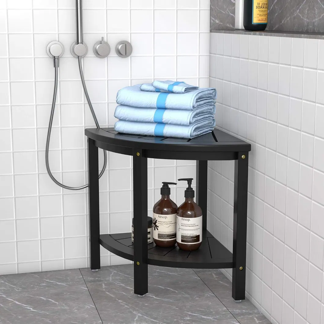 ducha de esquina de bamb&uacute; de lujo de color negro, taburete de almacenamiento para ba&ntilde;o
