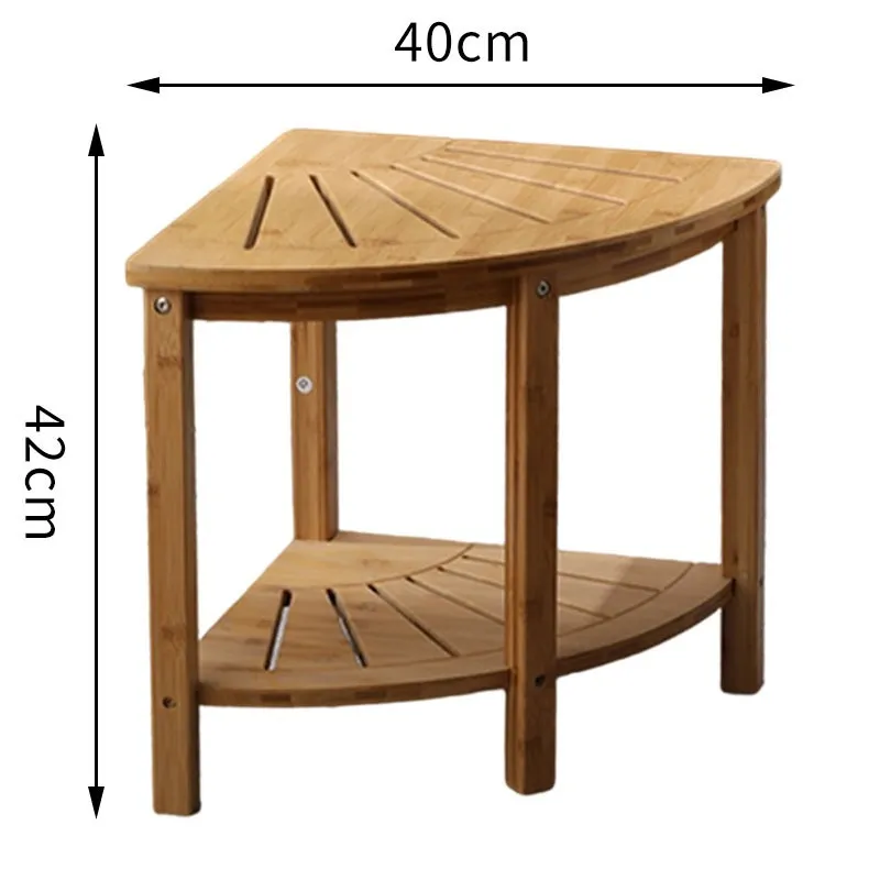 de almacenamiento de esquina de madera en forma de abanico, taburete de esquina de baño de bambú, taburete de baño