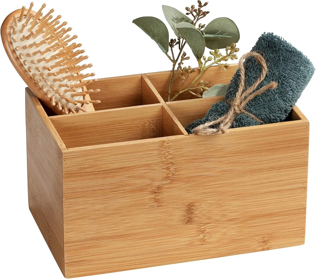 Caja organizadora de bambú con 3 compartimentos - Caja de almacenamiento, cesta de baño