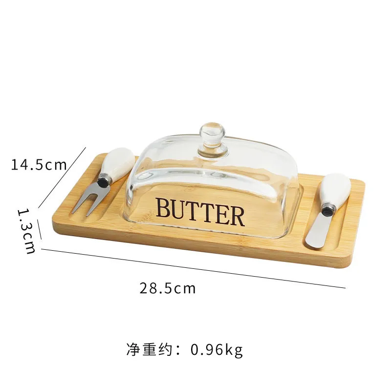 Fabricación de plato de mantequilla rectangular de bambú con tapa de vidrio y cuchillos para queso