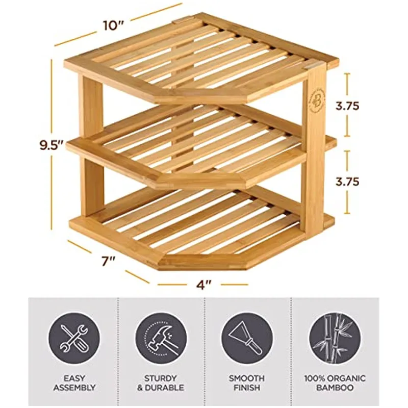Estante esquinero de cocina de bamb&uacute;, organizador, estante esquinero para gabinete con 3 capas para platos/platos/tazones 