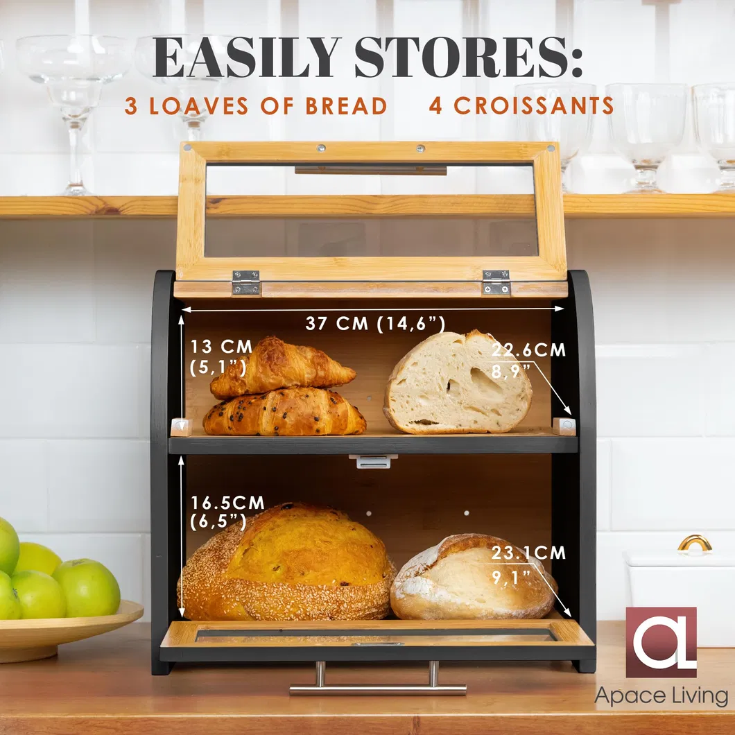 Caja de almacenamiento de pan doble grande de bamb&uacute; con tabla de cortar para cocina 