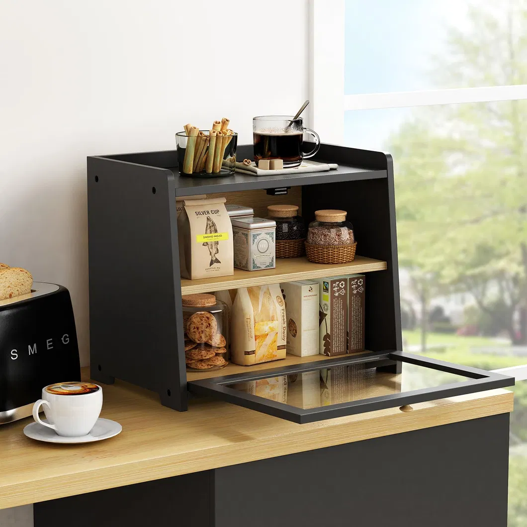 negro duradero Caja de almacenamiento de pan de cocina de bambú de 2 niveles