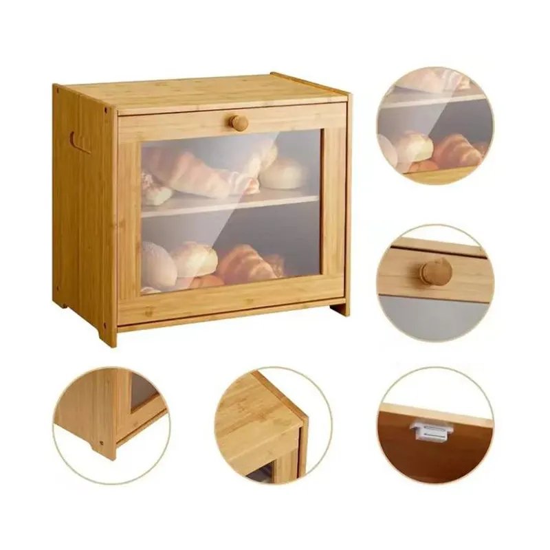 Contenedor de almacenamiento de caja de pan de bamb&uacute; de doble capa con ventanas transparentes para encimera de cocina Contenedor de almacenamiento de caja de pan de bamb&uacute; de doble capa 