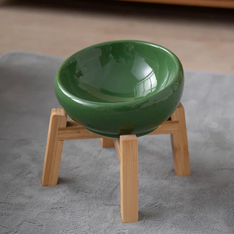 Cuencos de agua de cer&aacute;mica creativos para mascotas, cuenco de comida con base de bamb&uacute; resistente