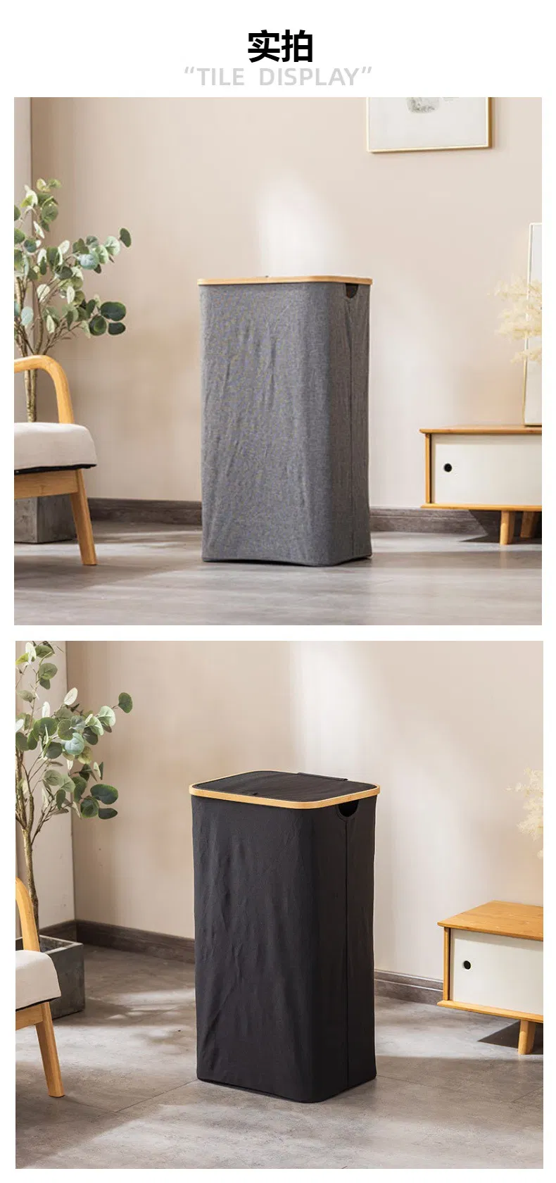 Cesta de lavander&iacute;a plegable de tela circular de bamb&uacute; de 100L con bolsa interior para almacenamiento del hogar y el ba&ntilde;o 