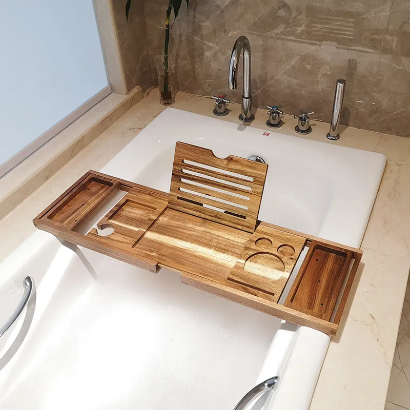 ba&ntilde;era de madera de acacia con soporte para vino y soporte para libros Bandeja extensible de lujo para ba&ntilde;era de madera de acacia con soporte para vino y soporte para libros 