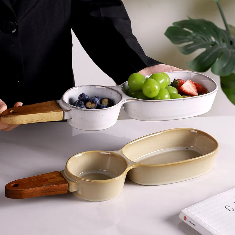 Divisor de cer&aacute;mica del cuenco del bocado de la manija de madera plato de 
