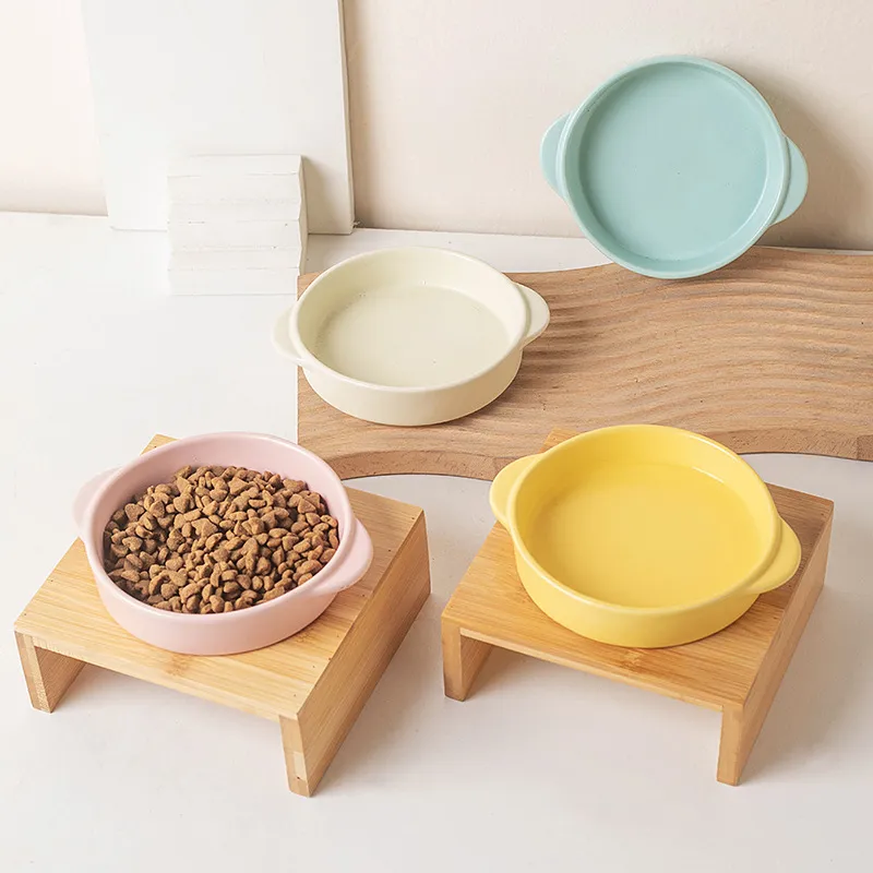 derrames de cer&aacute;mica con soporte de bamb&uacute; Venta al por mayor Taz&oacute;n de alimentaci&oacute;n de cer&aacute;mica para perros y gatos con doble 