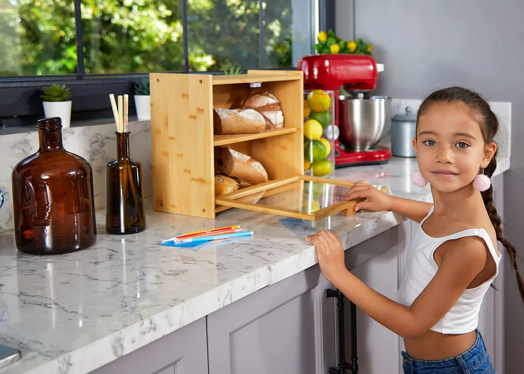 Caja rectangular transparente para almacenaje de pan y reposter&iacute;a de bamb&uacute; para snacks