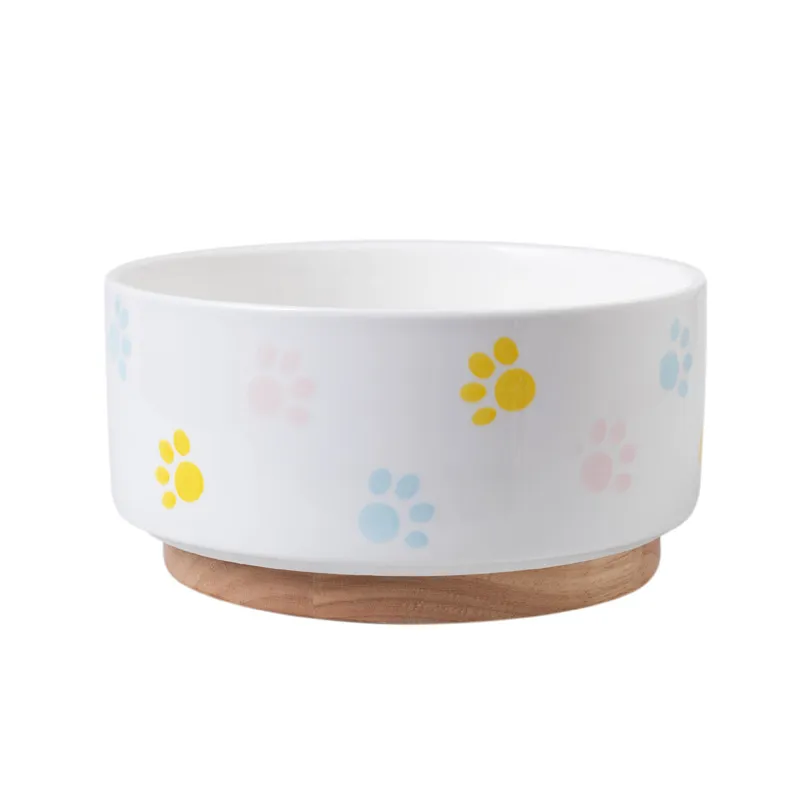 Tazón de comida para mascotas de cerámica redondo de diseño personalizado con base de madera