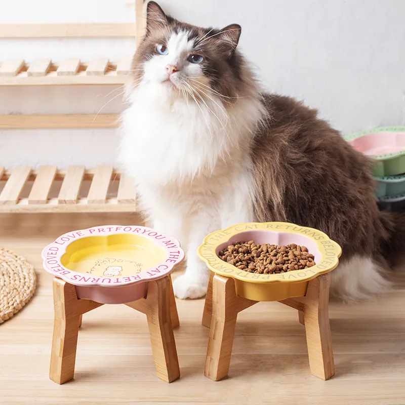 perros, cuenco de alimentación con estante alto de madera Flor - Cuenco de cerámica para gatos con borde, cuenco para comida para perros, cuenco de alimentación con estante alto de madera
