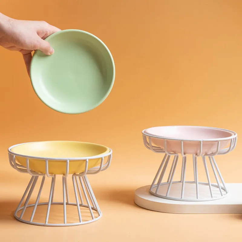 Plato de comida para mascotas de cer&aacute;mica multicolor, cuencos para gatos con soporte de metal 