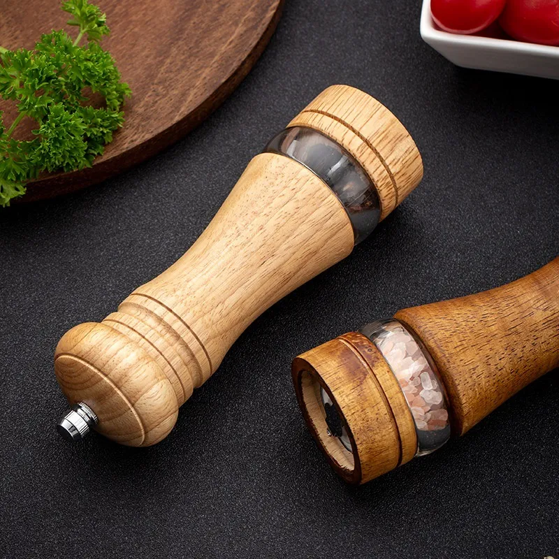 Molinillo de pimienta manual versátil de madera de caucho y acrílico de 6 pulgadas, botella para moler condimentos de pimienta
