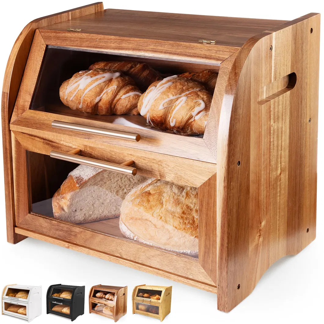 Caja de pan de madera de acacia doble grande, contenedor de almacenamiento para cocina 