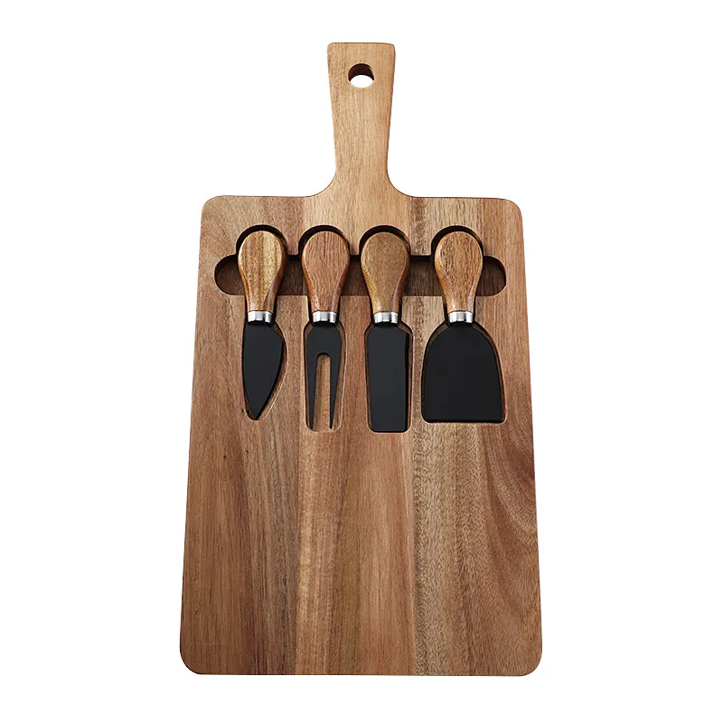 Tabla de embutidos de madera de acacia personalizada Tabla de quesos con asas y 4 cuchillos 