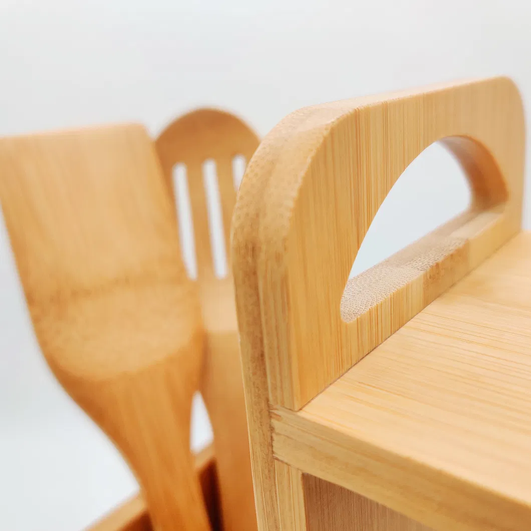 Organizador de cubiertos de bamb&uacute; Soporte para utensilios con estante para especias y juego de utensilios de 3 piezas