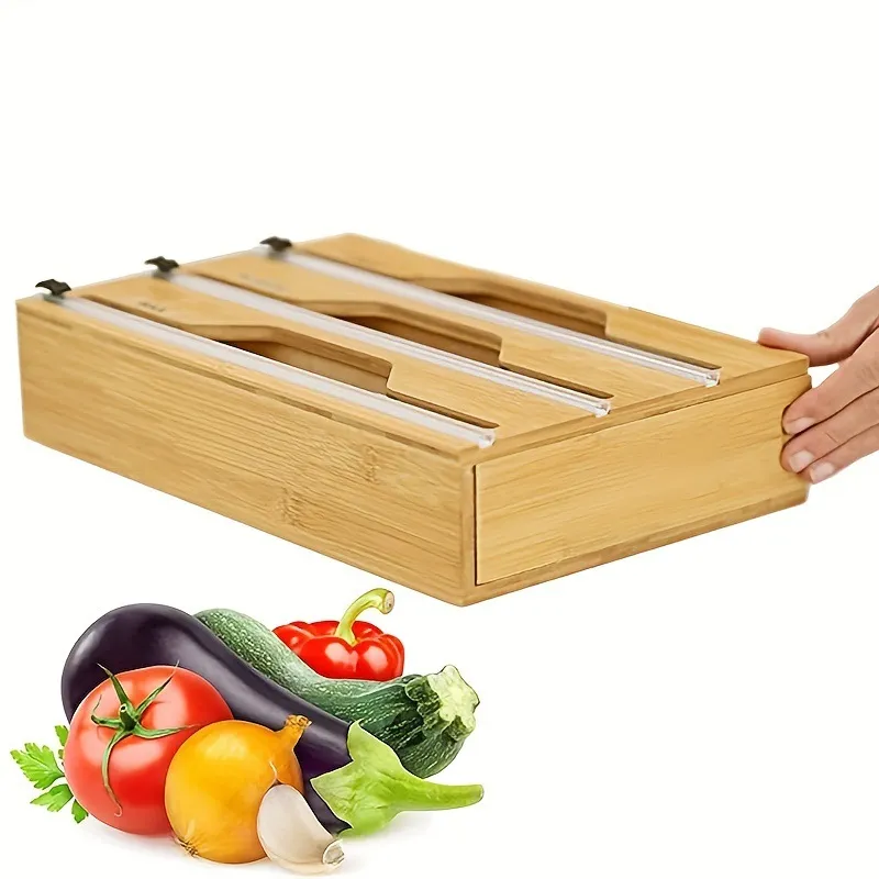 Caja de almacenamiento y cortador de envoltorios para alimentos de bamb&uacute; y madera