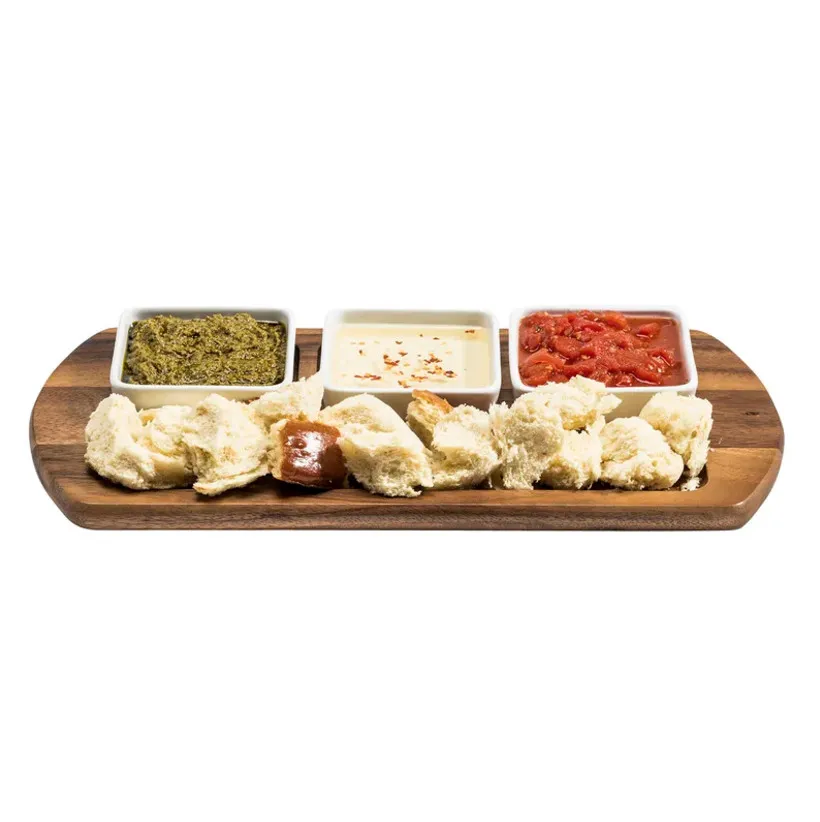 Bandeja grande para servir/platos de madera de acacia con 3 platos cuadrados de cer&aacute;mica 