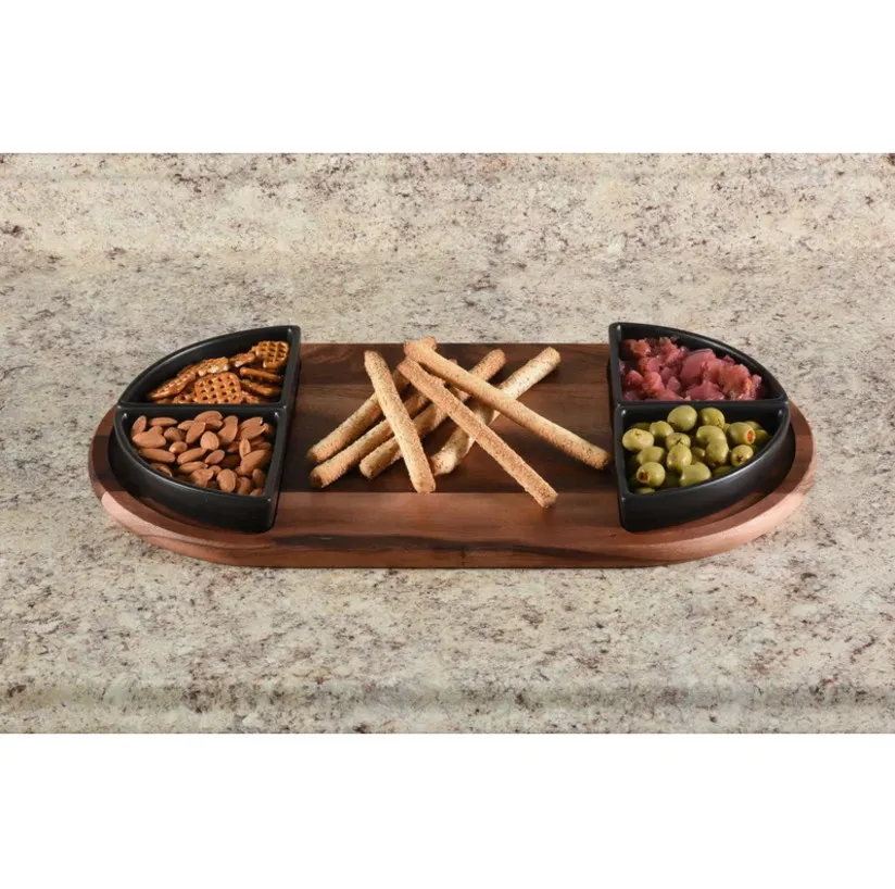 Bandeja para servir tabla de quesos de acacia con 4 tazones de cer&aacute;mica 