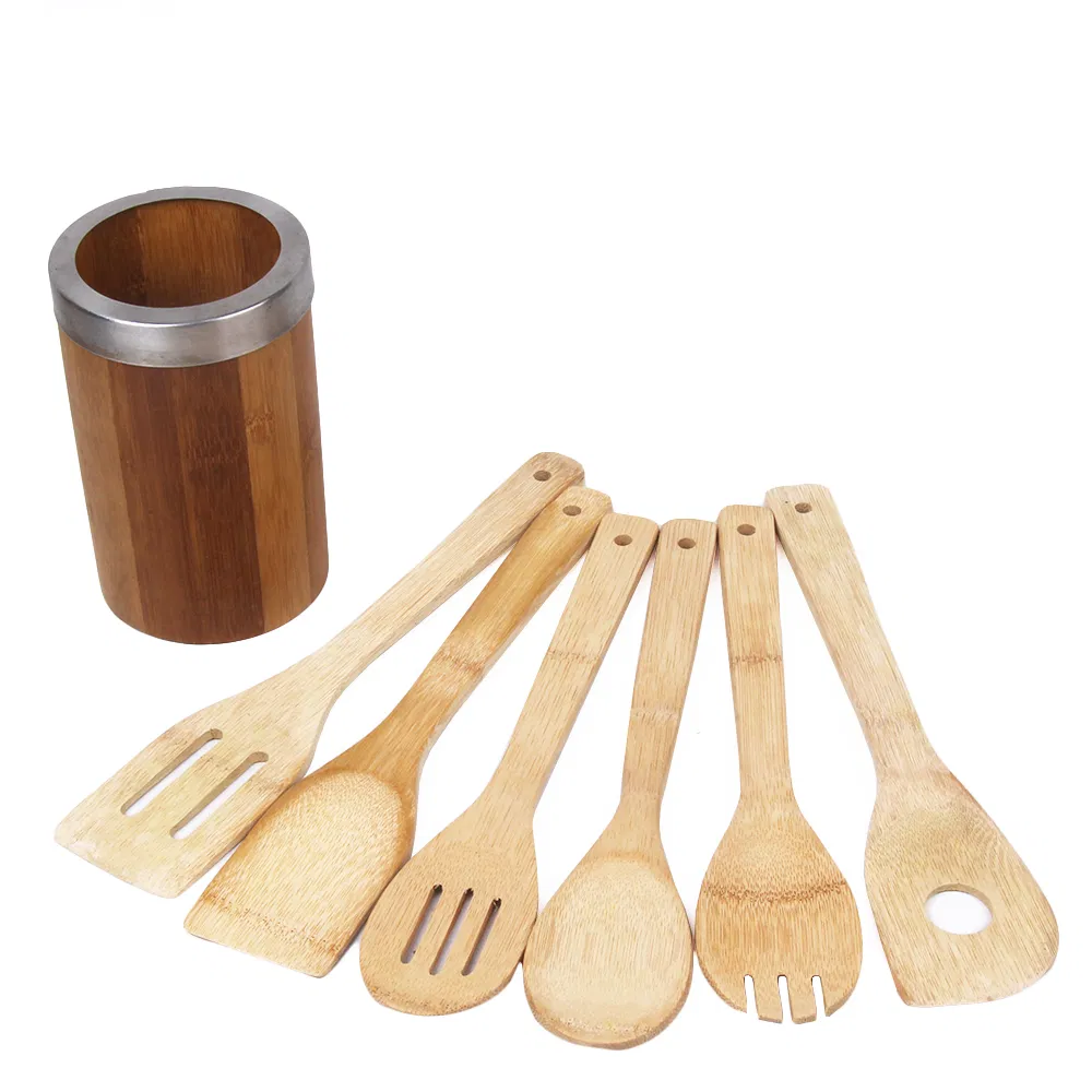 Home Basics Juego de utensilios de cocina de bambú con soporte