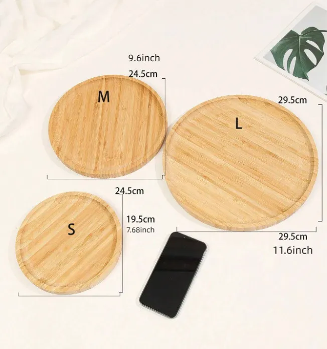 Bandeja redonda de bamb&uacute; para servir, juego de 3 platos de bamb&uacute; para mesa de centro y embutidos. 