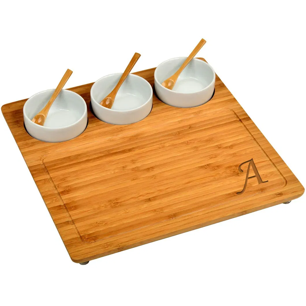 Tabla de quesos/plato de embutidos de bamb&uacute; de 13 pulgadas con 3 tazones de cer&aacute;mica con cucharas de bamb&uacute; y marcadores de queso 