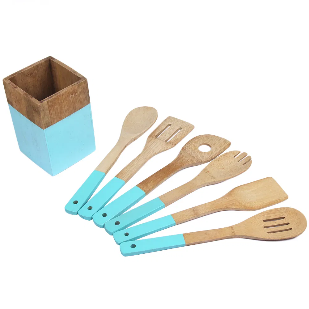 utensilios de cocina de madera con soporte Juego de utensilios de cocina de bamb&uacute; de color rosa Juego de herramientas de cocina de madera con soporte Juego de utensilios 
