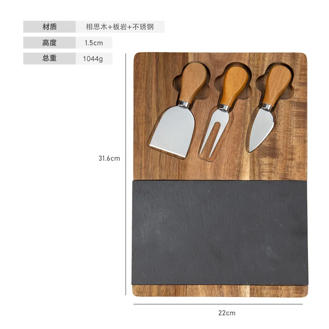 Juego de tablas para queso de pizarra negra de madera de acacia con cuchillo para queso de acero inoxidable 