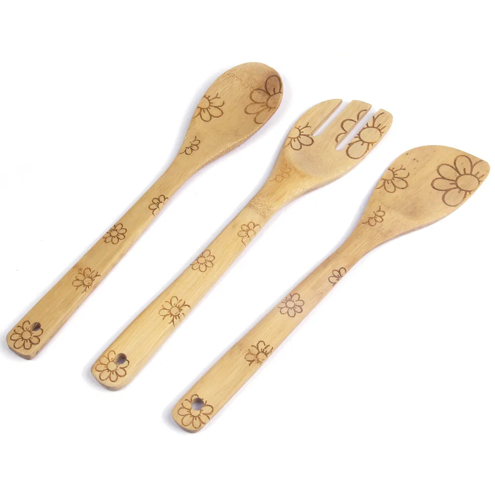 Juego de tenedor y cuchara de bamb&uacute; grabado personalizado para cocinar 