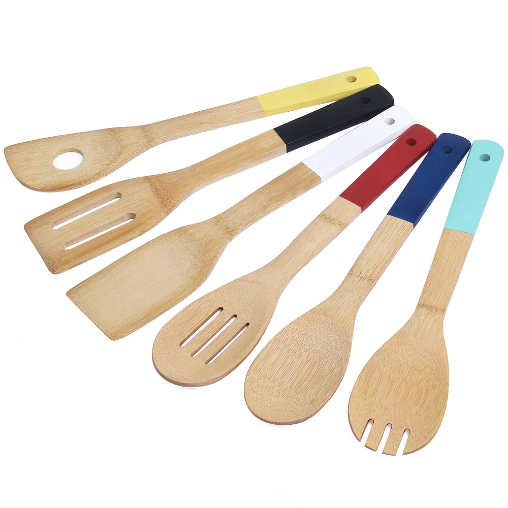 Venta al por mayor Juego de utensilios de cocina de bamb&uacute; coloridos 