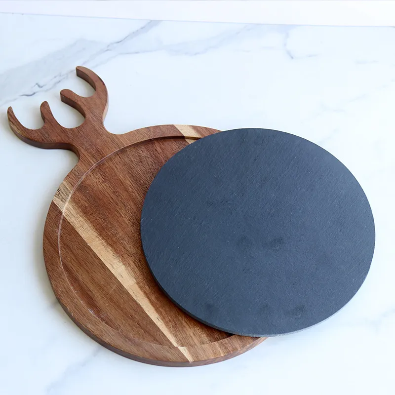 Tabla de quesos redonda de Navidad de madera de acacia y pizarra 